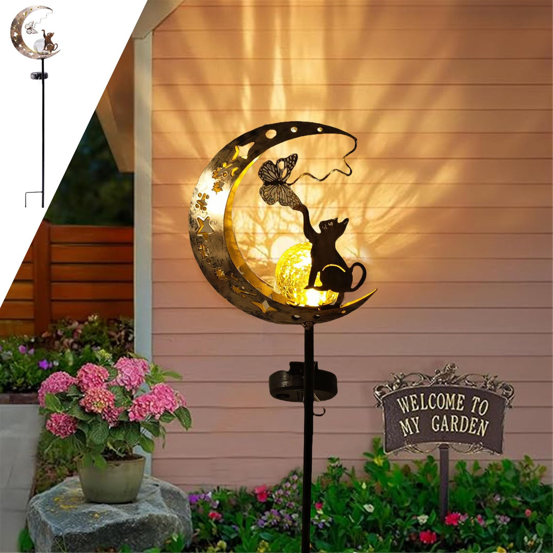 YeahBoom Mond Solarleuchten Garten Deko,Garten mit Katze,Mond Solarleuchten Garte im Freien Solarlam