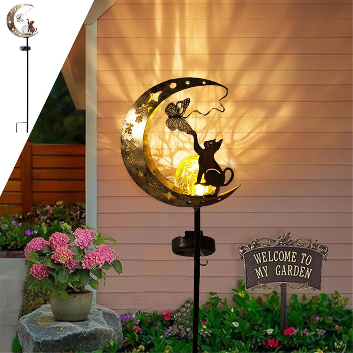 YeahBoom Mond Solarleuchten Garten Deko,Garten mit Katze,Mond Solarleuchten Garte im Freien Solarlam