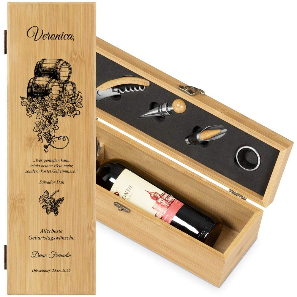 Maverton Weinbox für 0,7L Weinflasche - Wein Holzbox personalisiert + 4er Weinzubehör - Weinset Wein