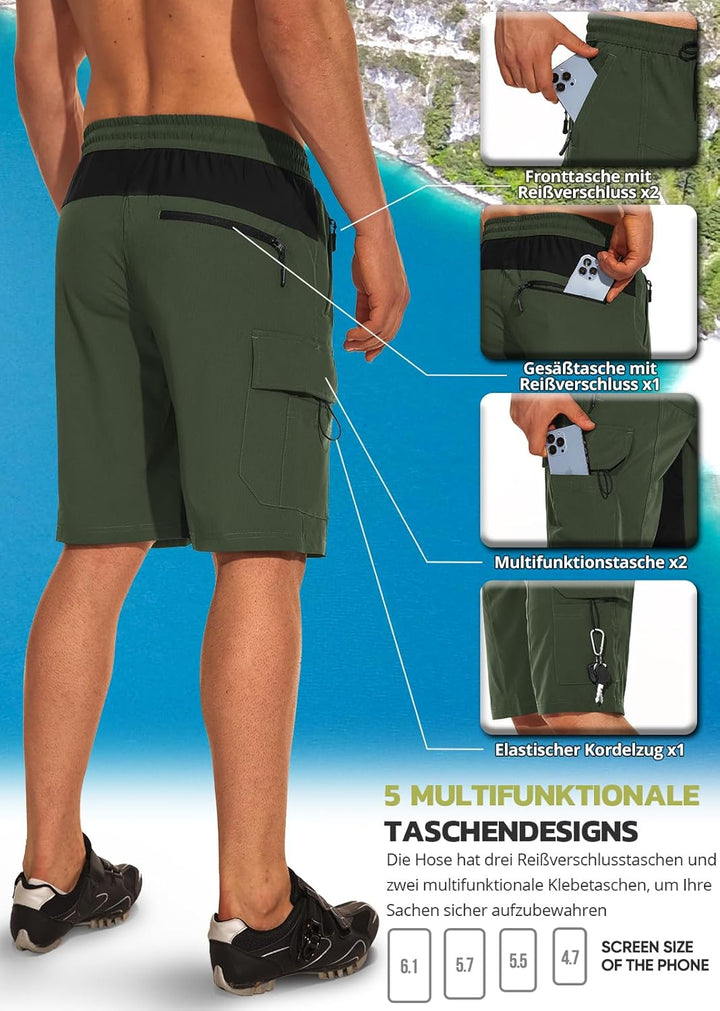 Hiauspor Wanderhose Herren Kurz MTB Hose Leichte Schnelltrocknend Cargo Bermuda Chino mit 5 Taschen
