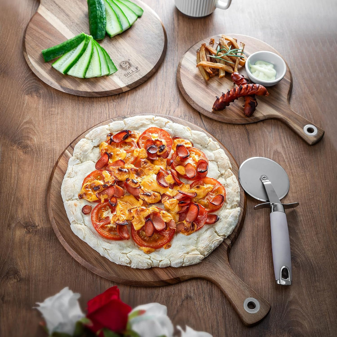 BILL.F Akazien-Pizzaschaufel, 3er-Set Schneidebrett aus Akazienholz, Schneidebrett, Käsepaddelbrett,