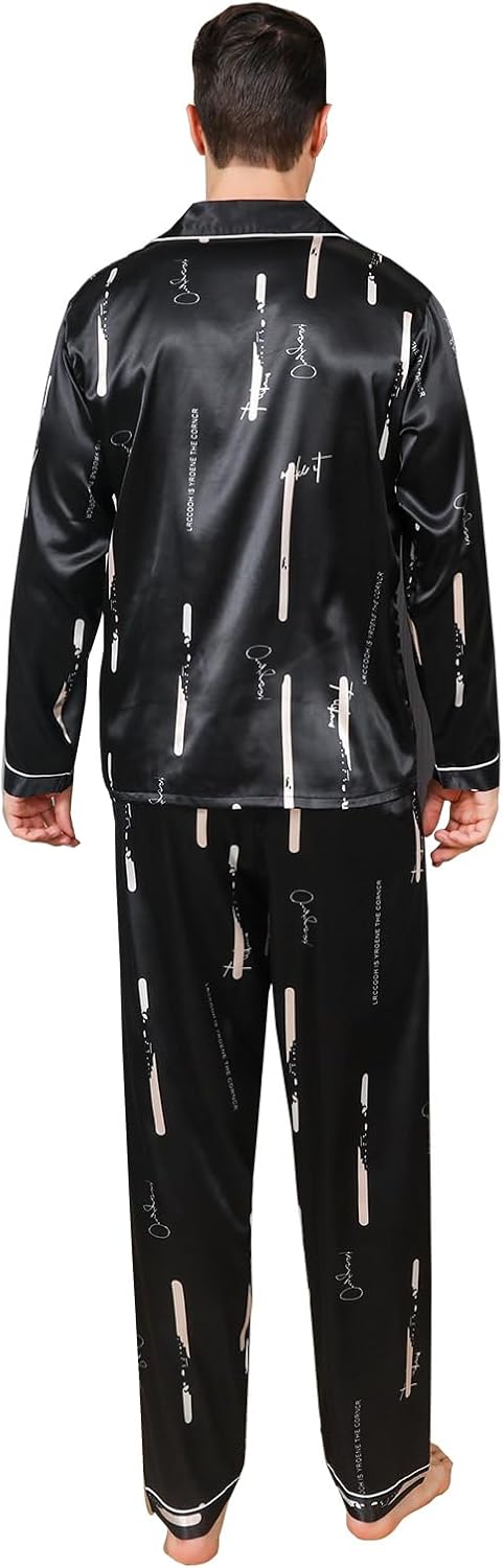 RuanMM Herren-Pyjama-Set aus seidigem Satin mit schwarzem Muster, Nachtwäsche mit Langen Ärmeln und