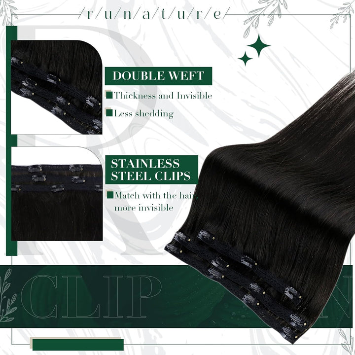 RUNATURE Echthaar Extensions Clip Schwarz 25cm Glatt Menschliches Haar Clip in Extensions Echthaar N