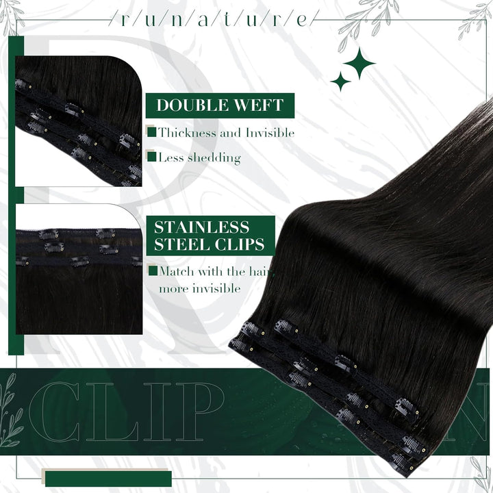 RUNATURE Clip in Extensions Echthaar Schwarz 35cm 3pcs Echthaar Extensions Clip Seamless Haarextensi