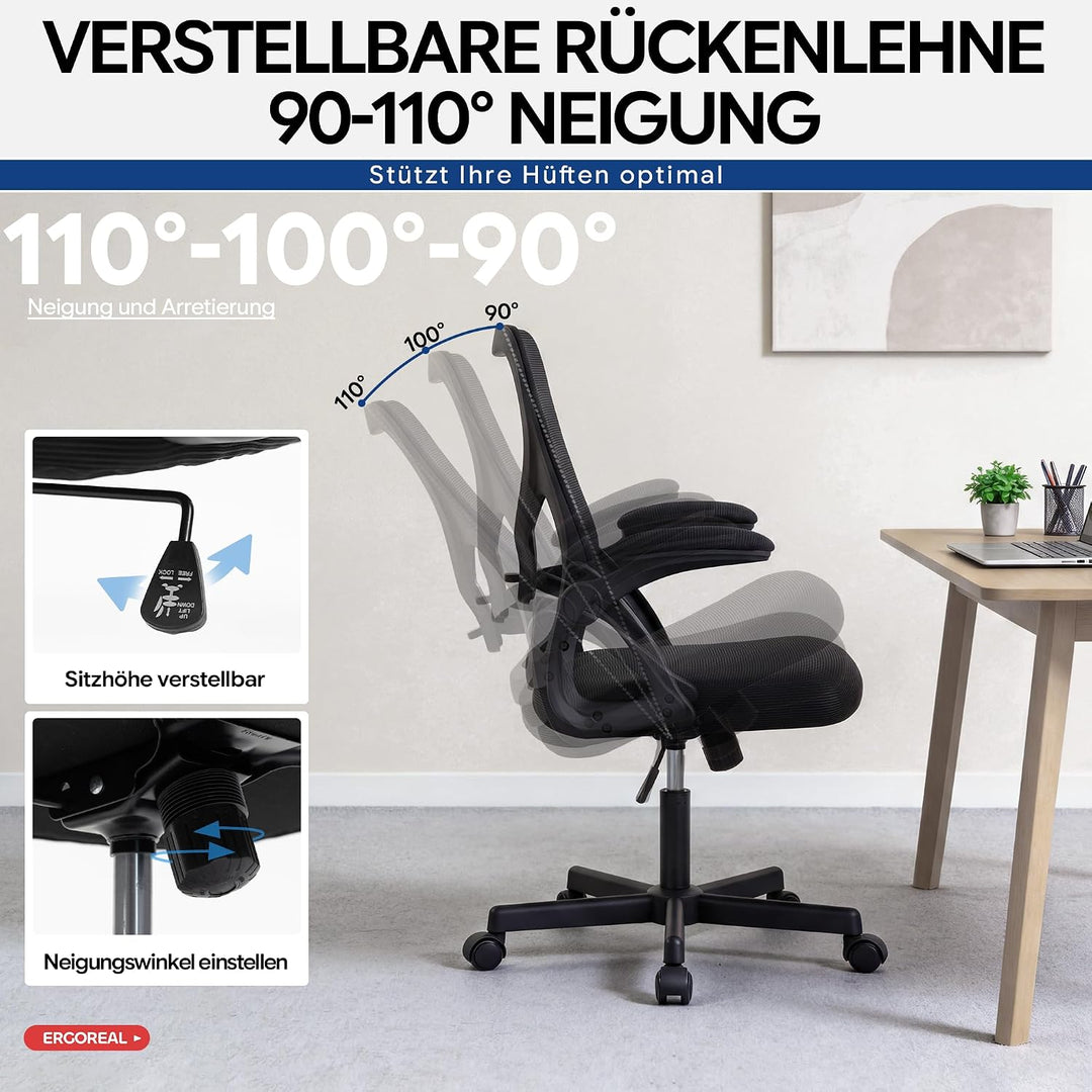Bürostuhl ergonomisch – Schreibtischstuhl Netz, Lendenstütze 150kg | Klappbare Armlehnen, verstellba