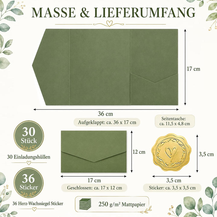 Pocketfold Einladungskarten Blanko Salbei, 30 Stück Grün, Grün