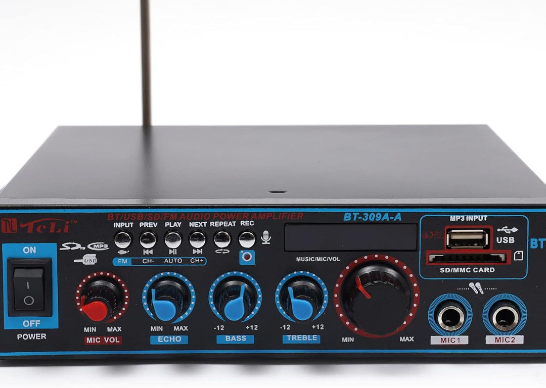 MBUYI HiFi Verstärker mit Bluetooth, Stereo Audio Receiver mit 2 Mikrofoneingang Echo, Amplifier End