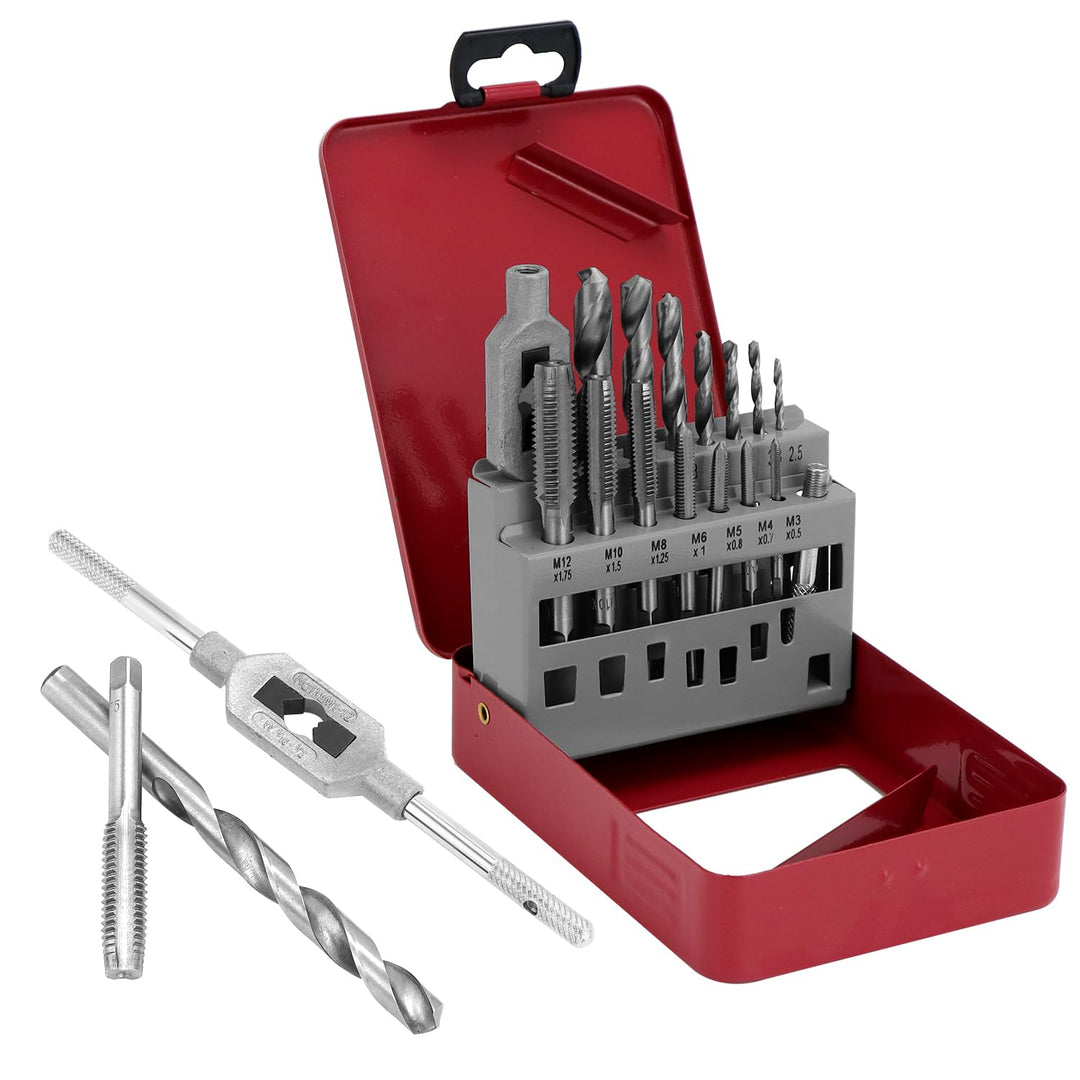 QWORK® 16 tlg Professionelles Gewindebohrer und Bohrerset, Gewindeschneidset, M3-M12 Gewindebohrer S