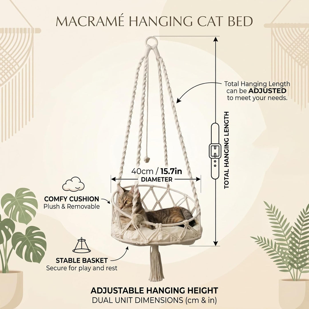 Handgewebte hängende Katzenbett-Hängemattenschaukel mit weichem Kissen und Bommel, Wand- oder Fenste