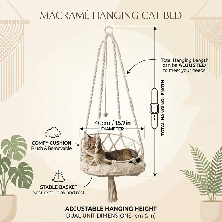 Handgewebte hängende Katzenbett-Hängemattenschaukel mit weichem Kissen und Bommel, Wand- oder Fenste