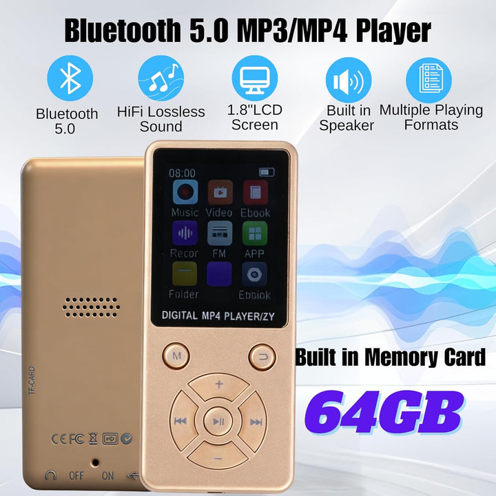 MP3-Player/MP4-Player 64GB Bluetooth 5.0 HiFi MP3 Musik-Player, 1,8-Zoll-LCD-Bildschirm mit Lautspre