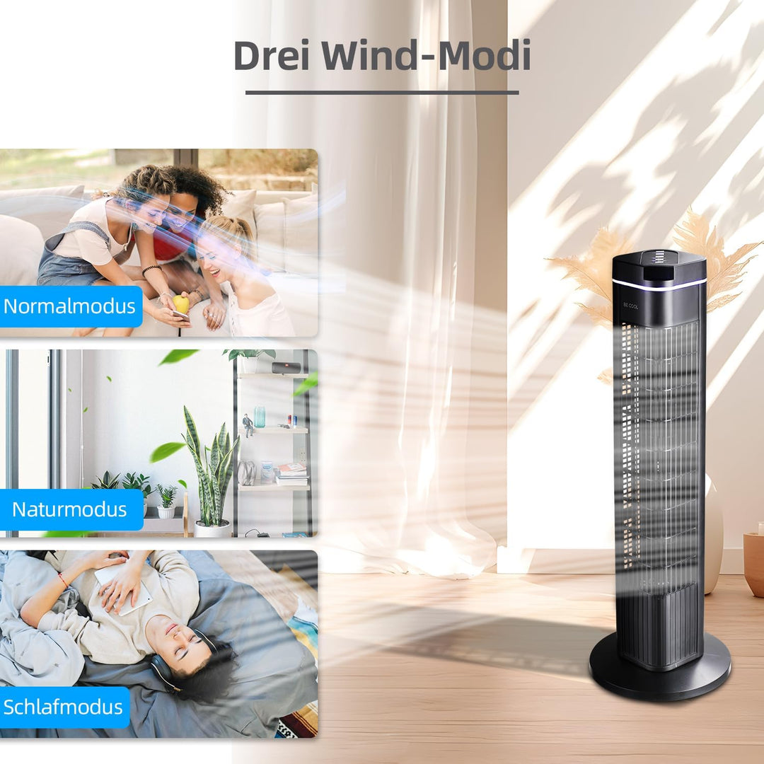 Be Cool Turmventilator 73cm mit Fernbedienung BC29STTFD – 73 cm, 50 Watt, 3 Windmodi, 8 Std. Timer,