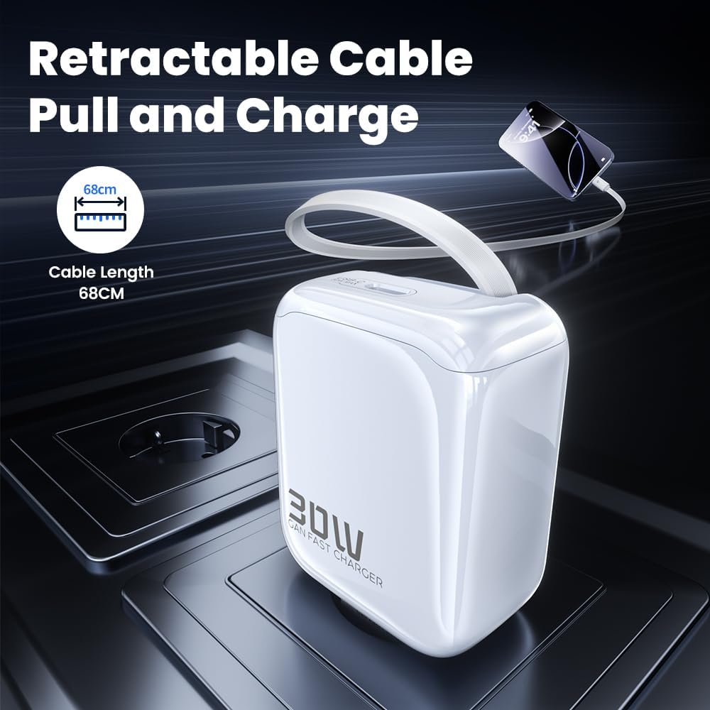 toocki USB C Ladegerät 30W GaN USBC Netzteil mit USB-C Port und 68cm Einziehbares Ladekabel, Reisen