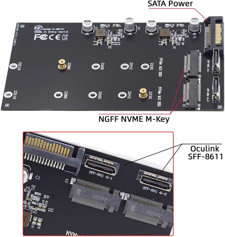 Cablecc Dual SFF-8612 SFF-8611 Oculink zu M-Key NVME M.2 NGFF PCIe SSD 2280 22110mm Adapter für Main