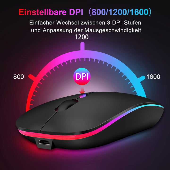 Bluetooth Maus kabellos (Bluetooth 5.1 + USB 2,4 GHz) LED Dual Mode- Wiederaufladbare Optische Offic