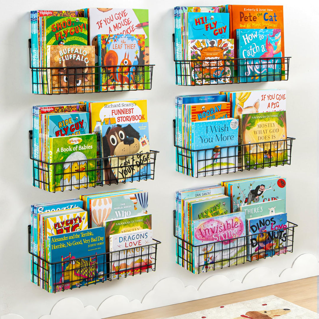 PUERSI 6er-Set Bücherregal Kinder Wand, Metall Wandregal Bücher, Hängend Regal für Kinderzimmer Aufb
