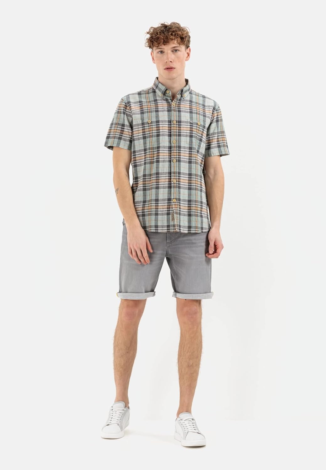camel active Herren Kurzarm Hemd im Karomuster, S Grau