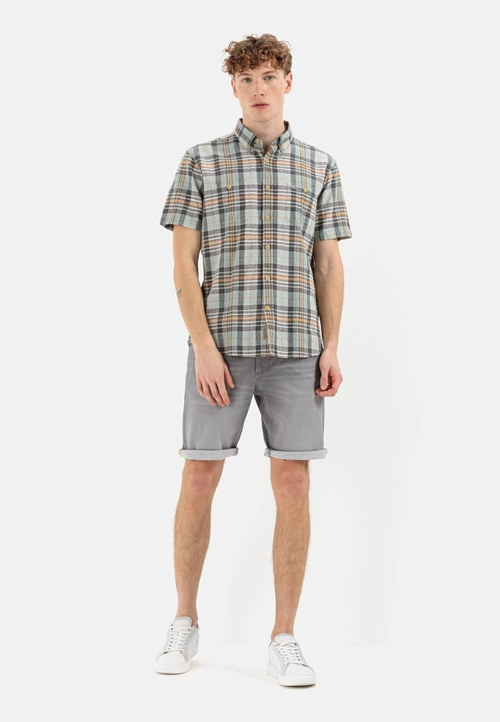 camel active Herren Kurzarm Hemd im Karomuster, S Grau