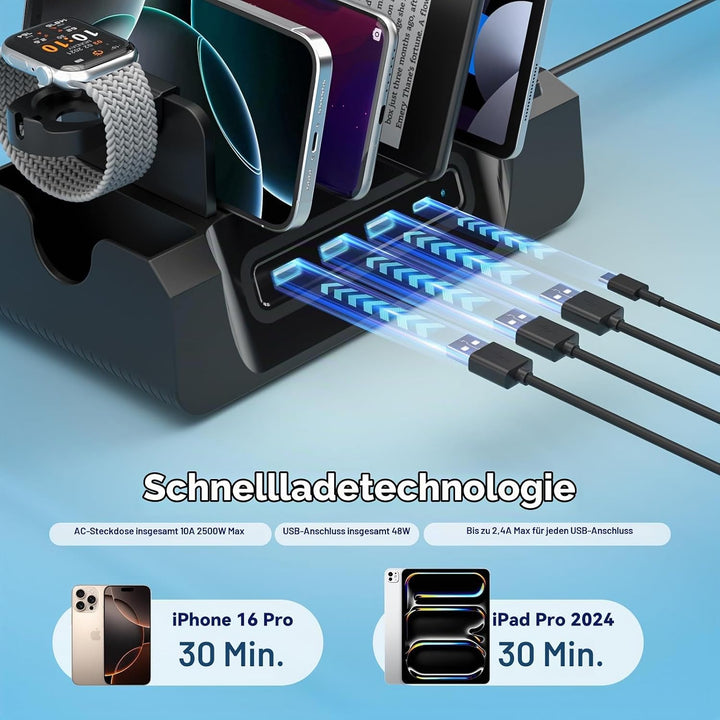 KDD Ladestation für Mehrere Geräte mit 6 Port – 6 in 1 Handy Ladestation mit Kopfhörer &amp; Uhrenhalter