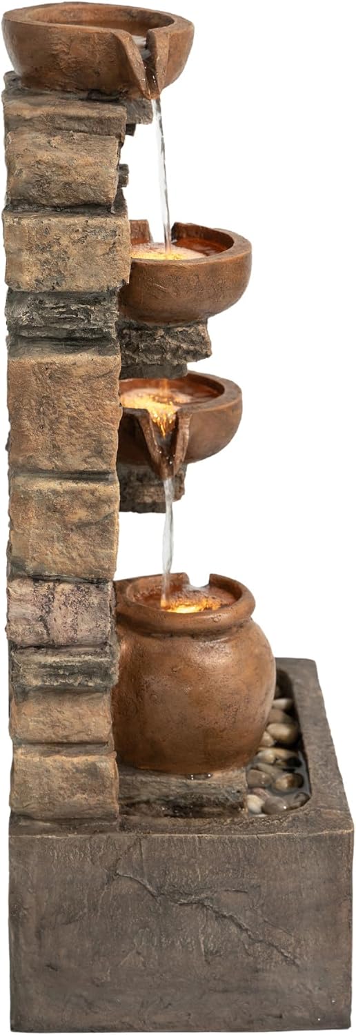 Teamson Home 4 stufiger Steinbrunnen Braun LED Wasserspiel Outdoor, Braun
