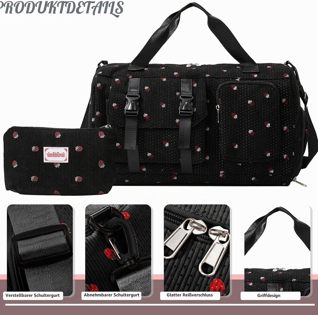 Reisetasche Damen, Sporttasche Damen mit Schuhfach, Nassfach and Kleine Geldbörse, Erdbeere Gym Bag,