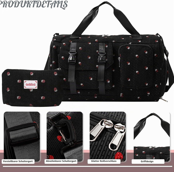 Reisetasche Damen, Sporttasche Damen mit Schuhfach, Nassfach and Kleine Geldbörse, Erdbeere Gym Bag,