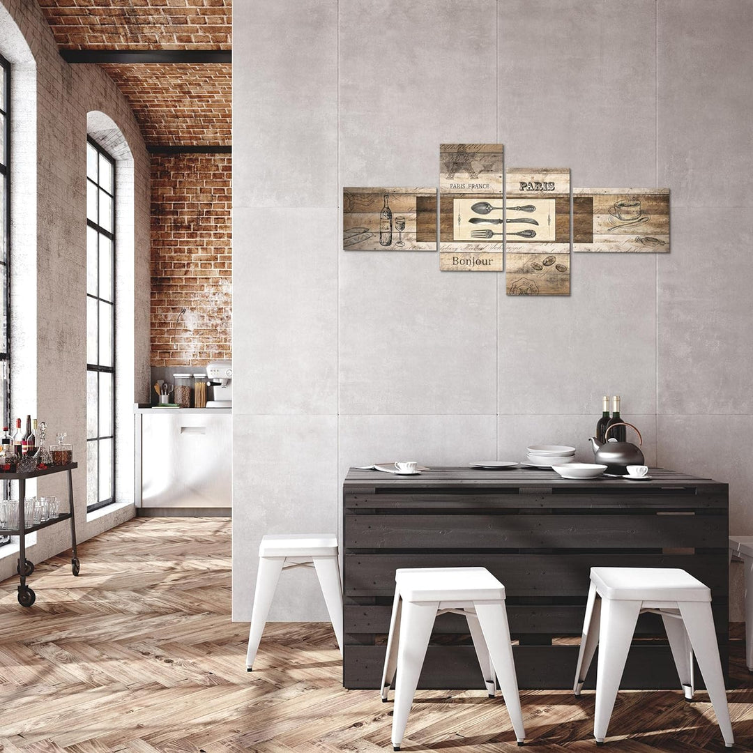 Runa Art Bild Modern Küche Holz - Made in Germany - Wandbilder Vintage Besteck Braun 4 Teilig 038042
