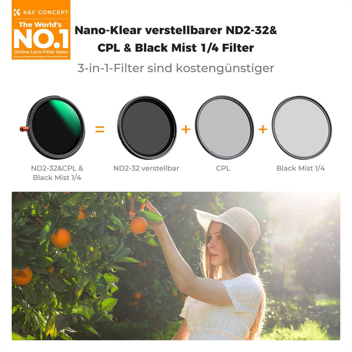 K&F CONCEPT 3-IN-1 Filter 40,5mm Polfilter&ND2-ND32&Black Mist 1/4 Filter mit 28 Schichten Nanobesch