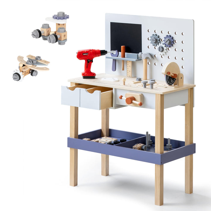 Holz Kinder Werkbank mit Elektrobohrer, Werkzeugbank für Kleinkinder mit Aufbewahrungsschubladen & A