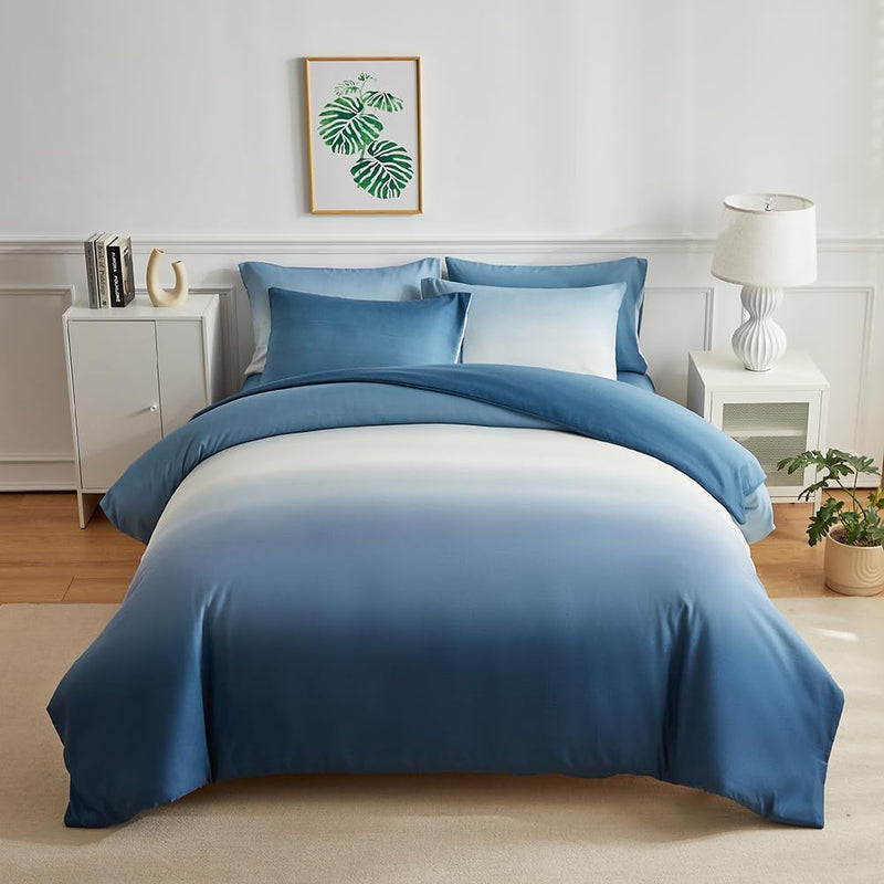OLDBIAO Bettwäsche 200x200 cm 3er Set (1 Bettbezug 200x200cm + 2 Kissenbezüge 80x80cm), Weiss - Blau