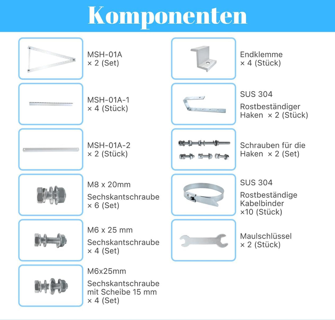 E.For.U® 1 Stück Balkonkraftwerk Halterung Solarmodul Halterung 1300mm, Verstellbar Winkel 10-30°, f
