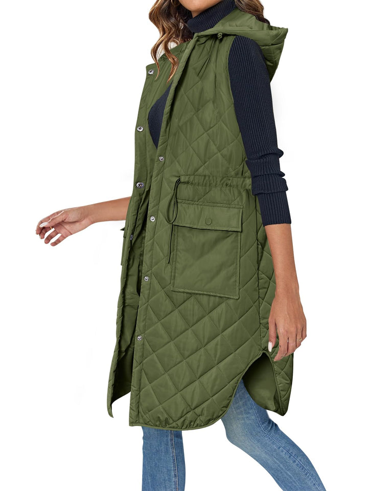 Wenrine Damen Weste Lang Ärmellose Winter Steppweste mit Kapuze und Taschen Casual S Armeegrün, S Ar