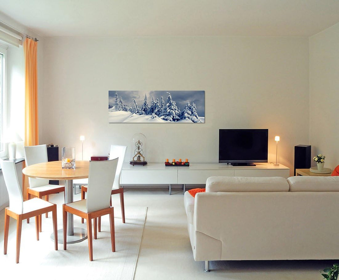 Paul Sinus Art Panoramabild auf Leinwand und Keilrahmen 120x40cm Winterlandschaft Bäume Schnee Wolke