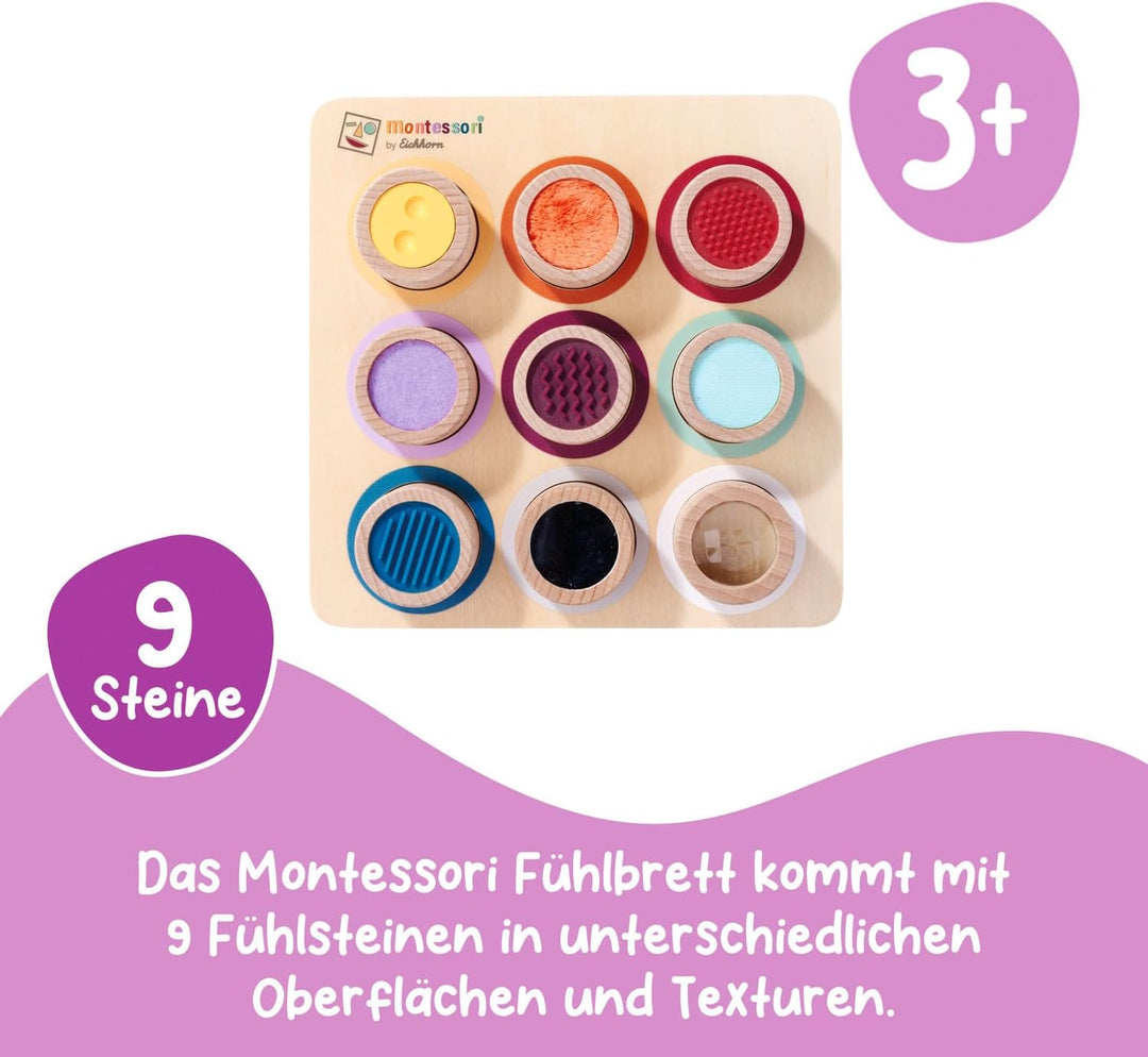 Eichhorn – Montessori – Fühlbrett mit 9 Fühlzylindern mit verschiedenen Oberflächen und Materialien,