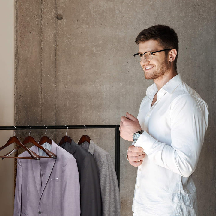 Relaxdays Anzug Kleiderbügel, 5er Set, breite Schulter, 360° drehbarer Haken, mit Hosenstange, Holzk