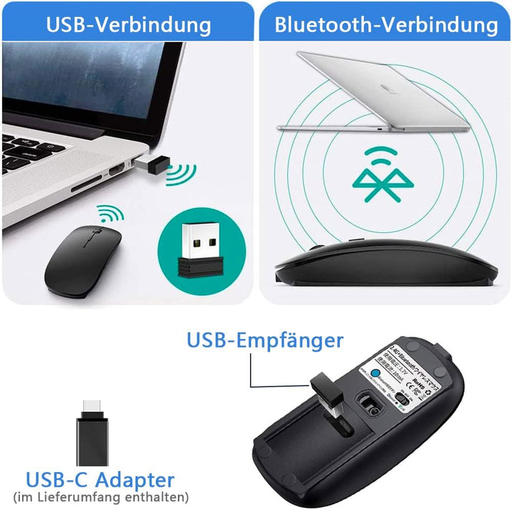 Kabellose Maus Bluetooth, (USB 2,4 GHz + Bluetooth 5.2 + USB-C-Adapter) FunkMaus wiederaufladbar für