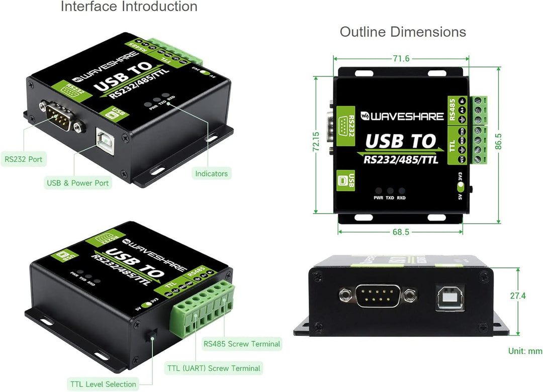 Waveshare USB to RS232/485/TTL Interface Converter Power and ADI magnetical Industrial Isolation