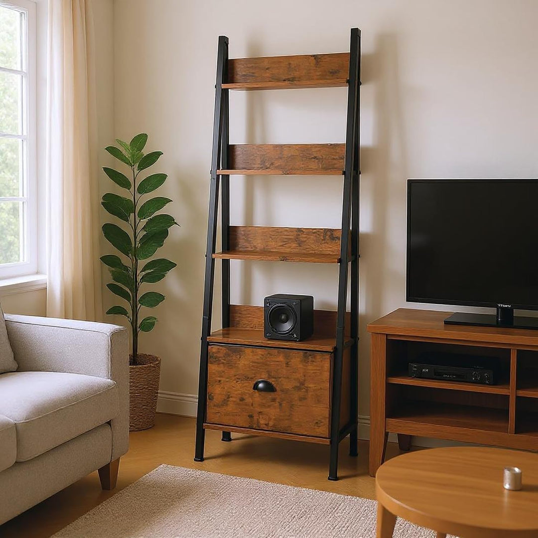 FurnitureR Pflanzenregal Leiterstil 42x29x141 cm, 5 Ebenen, Stoffschublade, 12 mm Holzplatten & 20 m