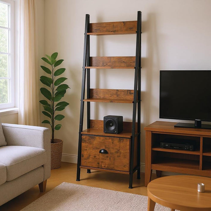 FurnitureR Pflanzenregal Leiterstil 42x29x141 cm, 5 Ebenen, Stoffschublade, 12 mm Holzplatten & 20 m