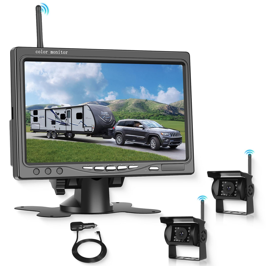 Drahtloses Rückfahrkamera Set mit 7-Zoll Monitor, 2 rückfahrkamera IP68 wasserdichte IR-Nachtsicht W