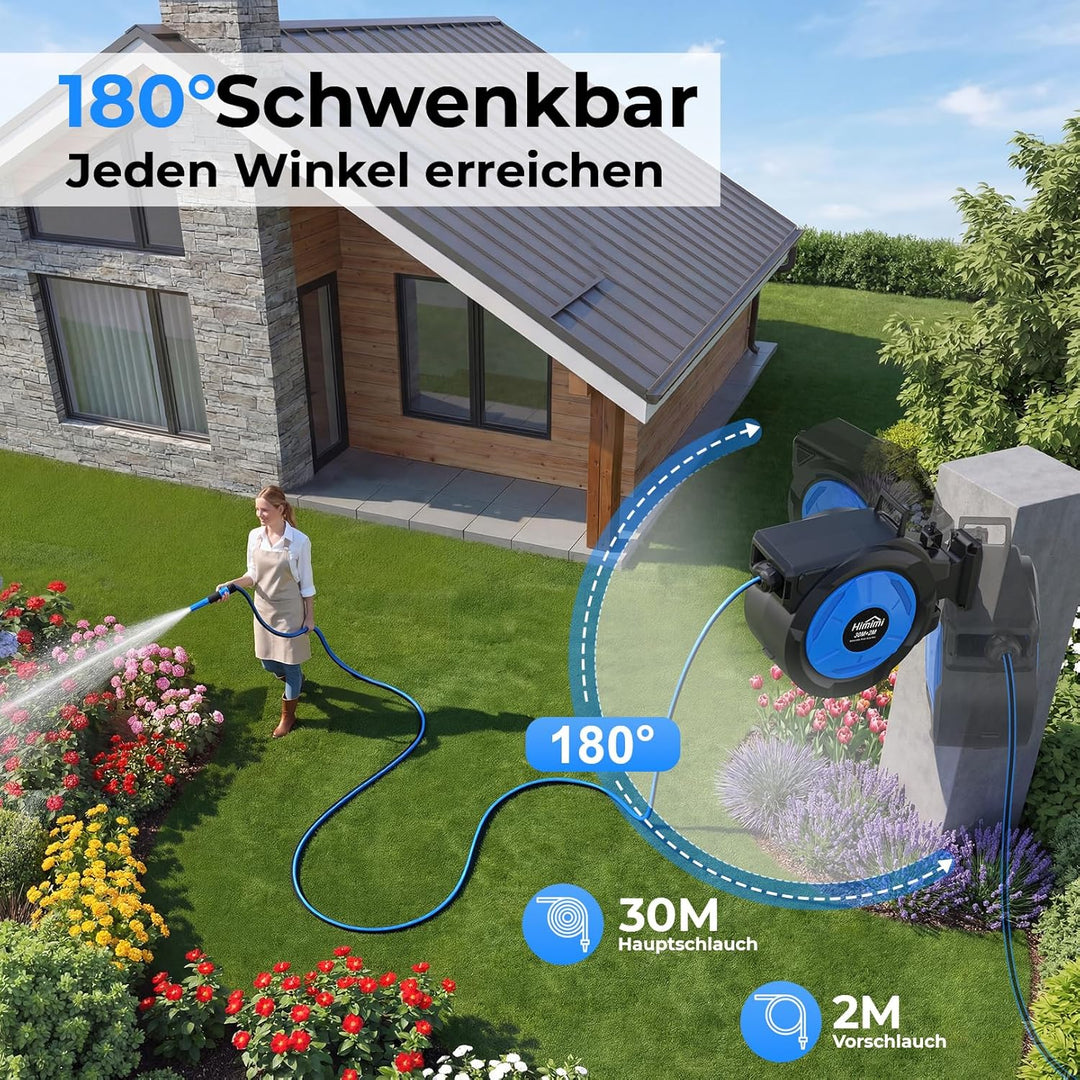 Himimi Schlauchtrommel 30m Wandmontage, Automatische Wandschlauchbox mit 180° Schwenk & stufenloser