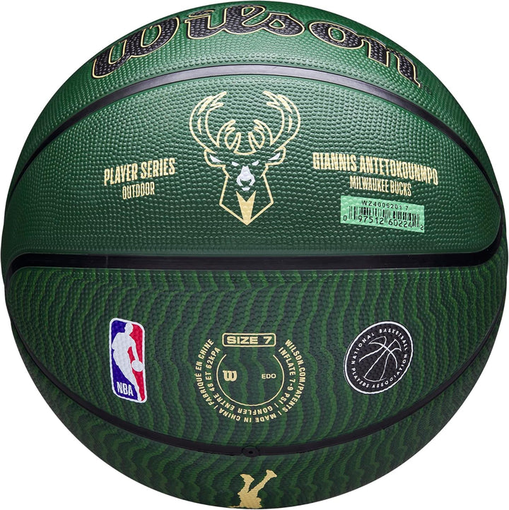 Wilson NBA Player Icon Outdoor Basketball - Size 7-29.5" and Mini Size 7 Milwaukee Bucks, 7 Milwauke