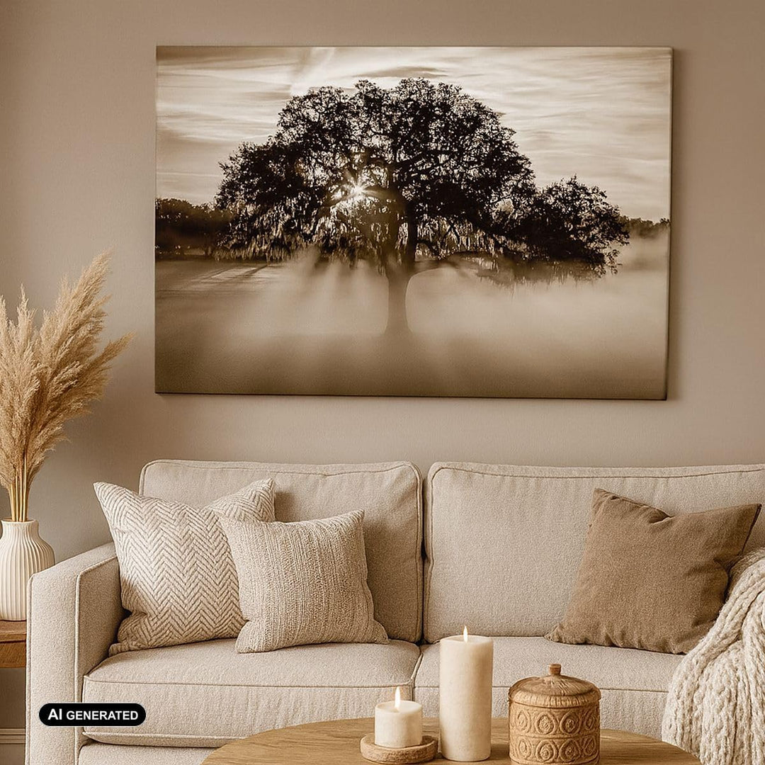 Bilder auf Leinwand Baum Feld Natur Leinwandbild mit Rahmen 70x50cm Wandbilder Dekoration Wohnzimmer