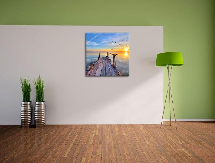 Pixxprint Steg mit Möwen bei Sonnenuntergang, Format: 70x70 auf Leinwand, 70x70