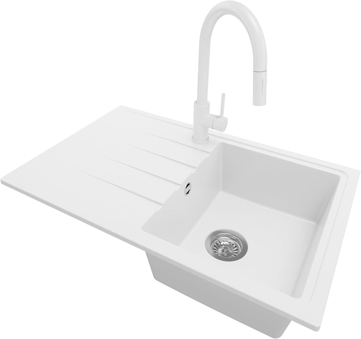 Granitspüle Weiss 78x50 cm, Spülbecken + Ablauf-Set + Küchenarmatur 9000, Küchenspüle für 45er Unter