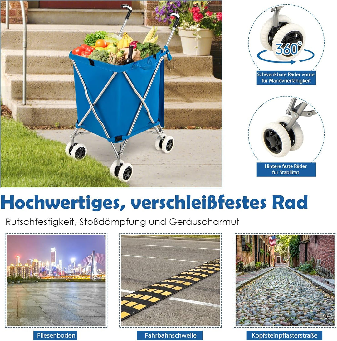 GOPLUS Klappbarer Einkaufswagen mit Rädern, Leichter Einkaufstrolley mit Zwei Lenkrollen, Abnehmbare
