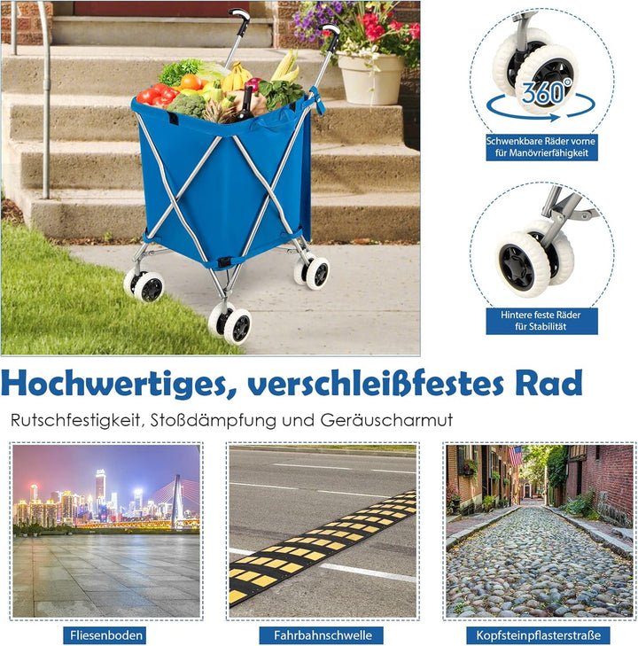 GOPLUS Klappbarer Einkaufswagen mit Rädern, Leichter Einkaufstrolley mit Zwei Lenkrollen, Abnehmbare