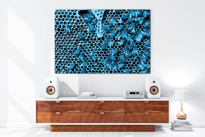 deyoli atemberaubende Honigwabe mit Bienen Format 80x60 Effekt: Monocrome Blau als Leinwandbild, Mot