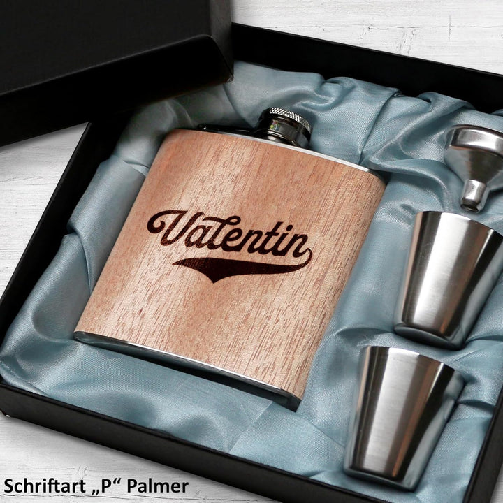 Flachmann mit Gravur. Edelstahl Flachmann personalisiert. Geschenke für Männer. Holz, Holz