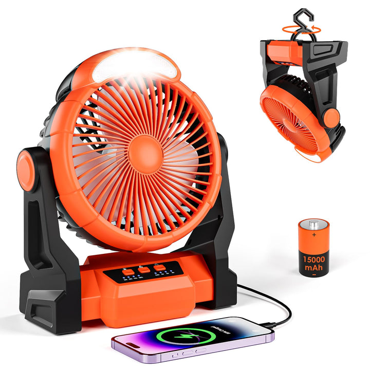 Dreamhigh® 15000mAh Akku Ventilator mit LED Lampe, Tragbarer Camping Ventilator, 3 Geschwindigkeiten